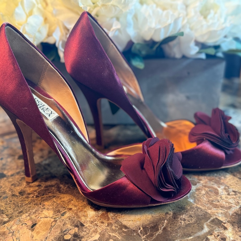 Badgley Mischka Randall Plum Satin and Silky Chiffon Stiletto Heels 9.5